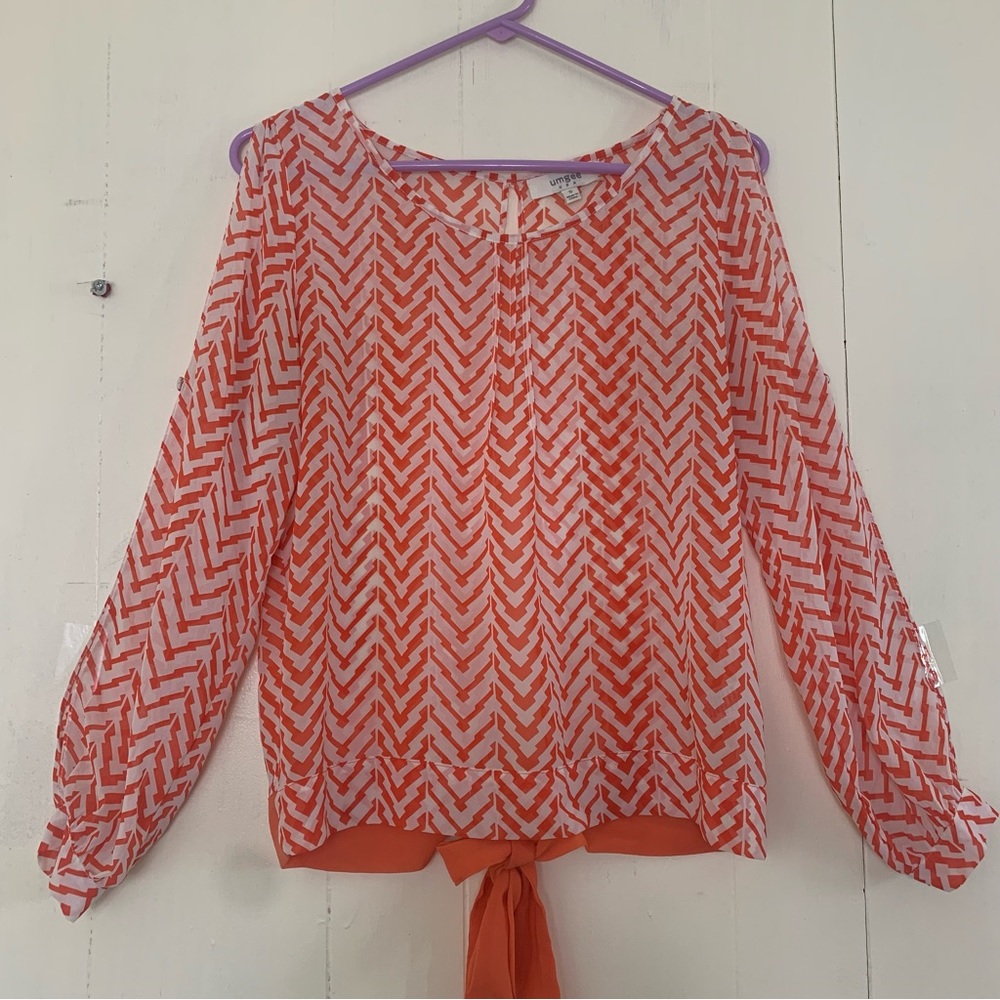 UMGEE Orange Sheer Asymmetrical Print Cold Shoulder Sexy Open Back Size Small